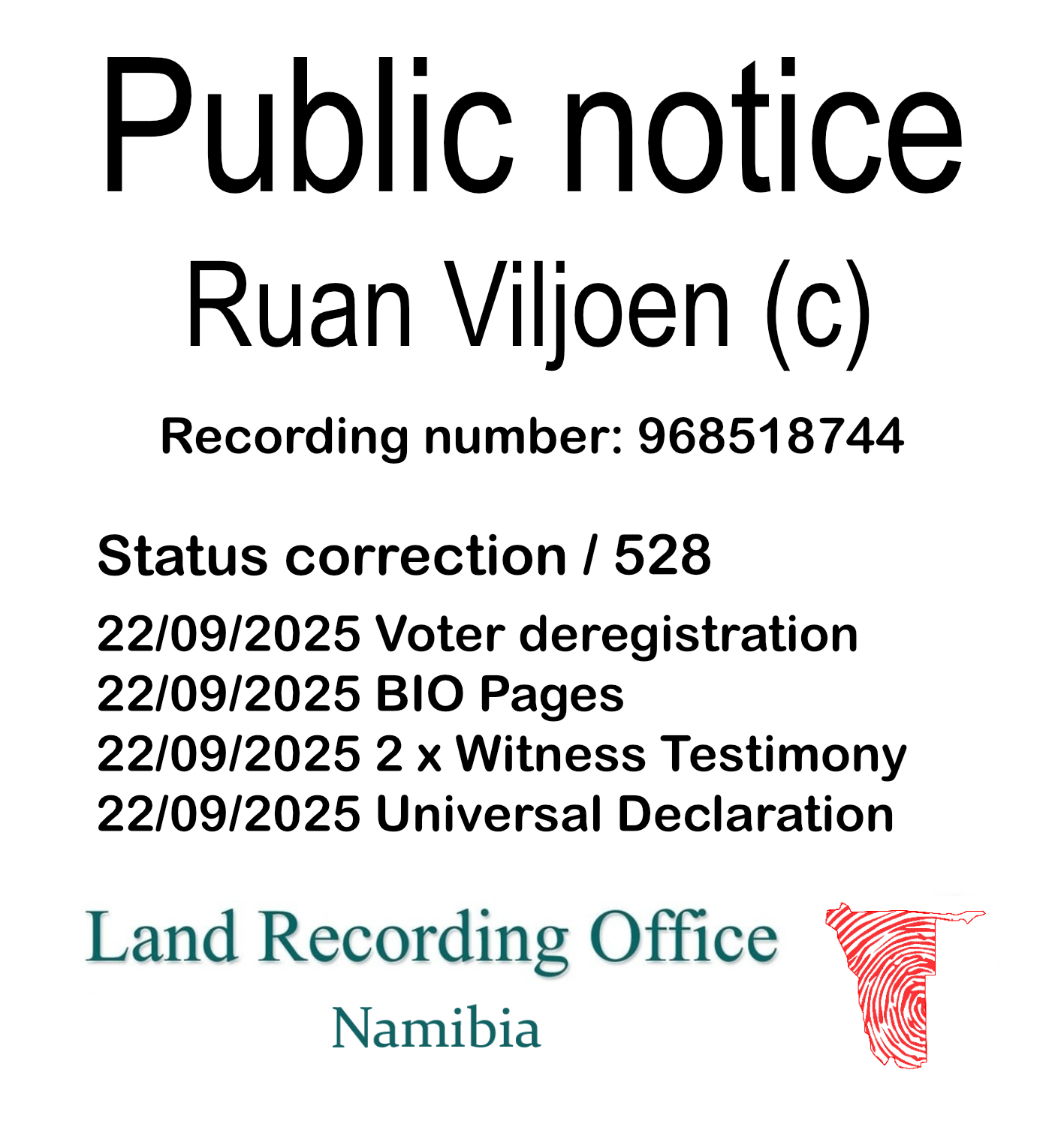Public notice Ruan Viljoen Recording number 968518744